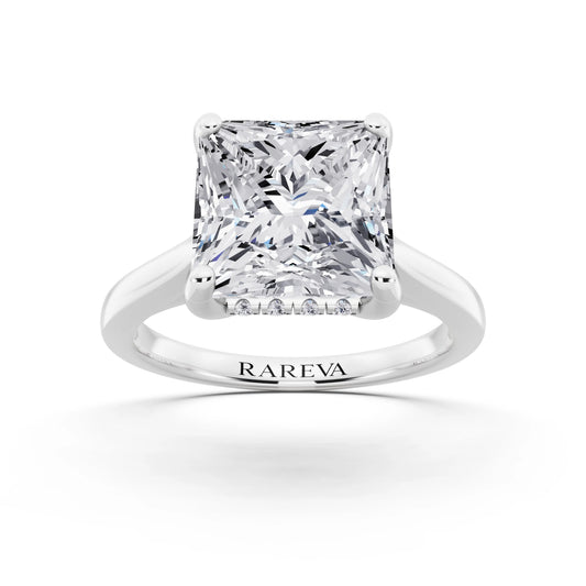 14 KT White Gold Princess Cut Diamond Solitaire Ring with Cathedral Band - front view