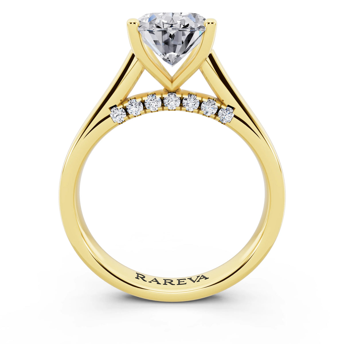 18 KT Yellow Gold Oval Cut Diamond Solitaire Ring with Hidden Accent - through finger