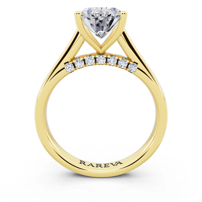 18 KT Yellow Gold Oval Cut Diamond Solitaire Ring with Hidden Accent - through finger