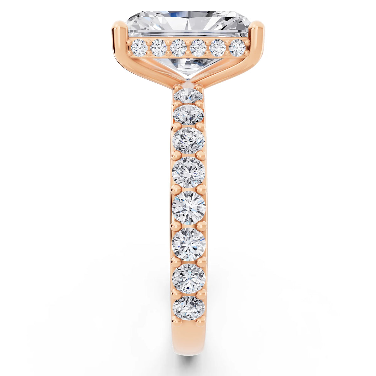18 KT Rose Gold Radiant Cut Diamond Solitaire Ring with Hidden Halo and Pave Band - side view
