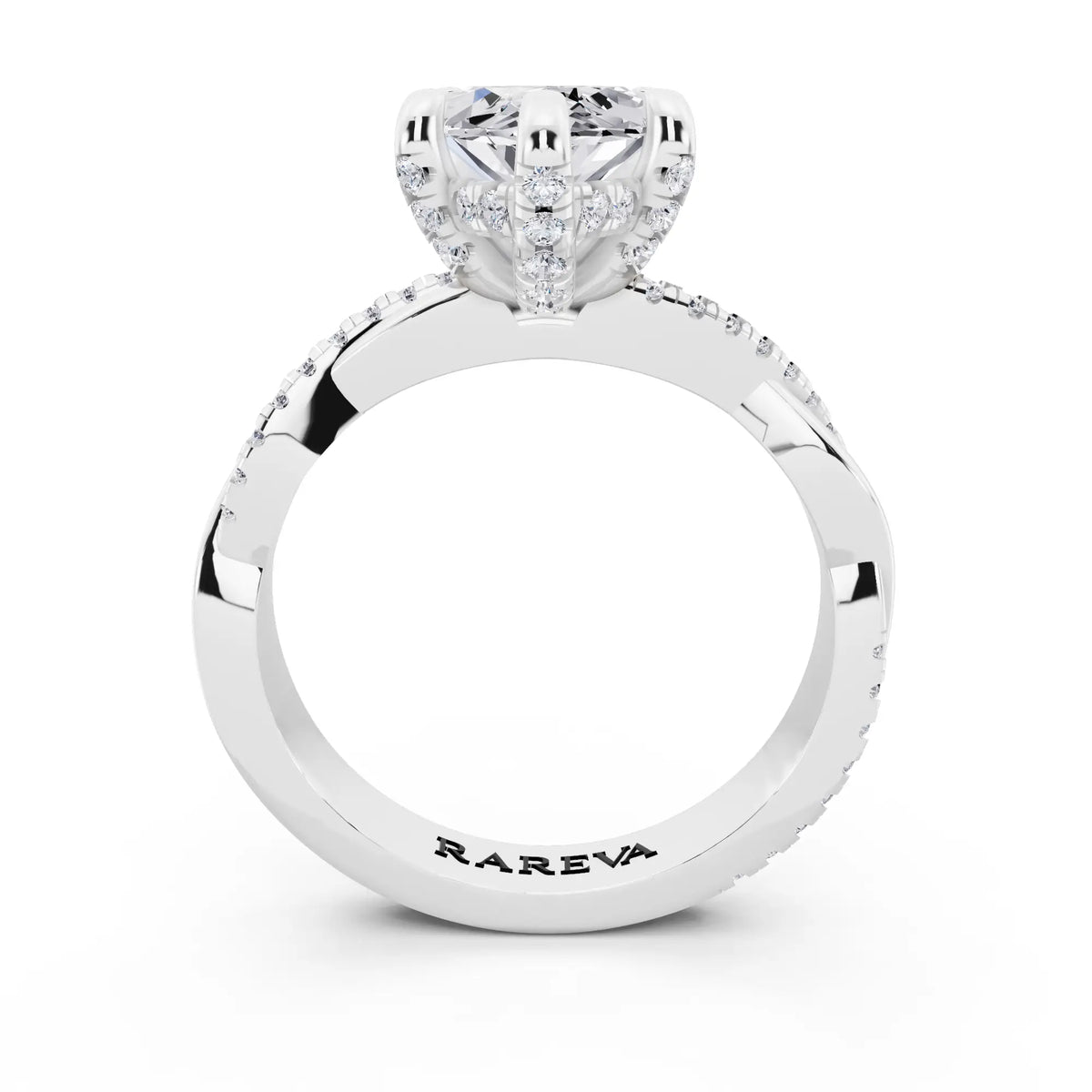 Platinum Marquise Cut Diamond Hidden Halo Ring with Twisted Pave Band - through finger