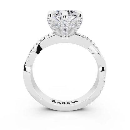 Platinum Marquise Cut Diamond Hidden Halo Ring with Twisted Pave Band - through finger