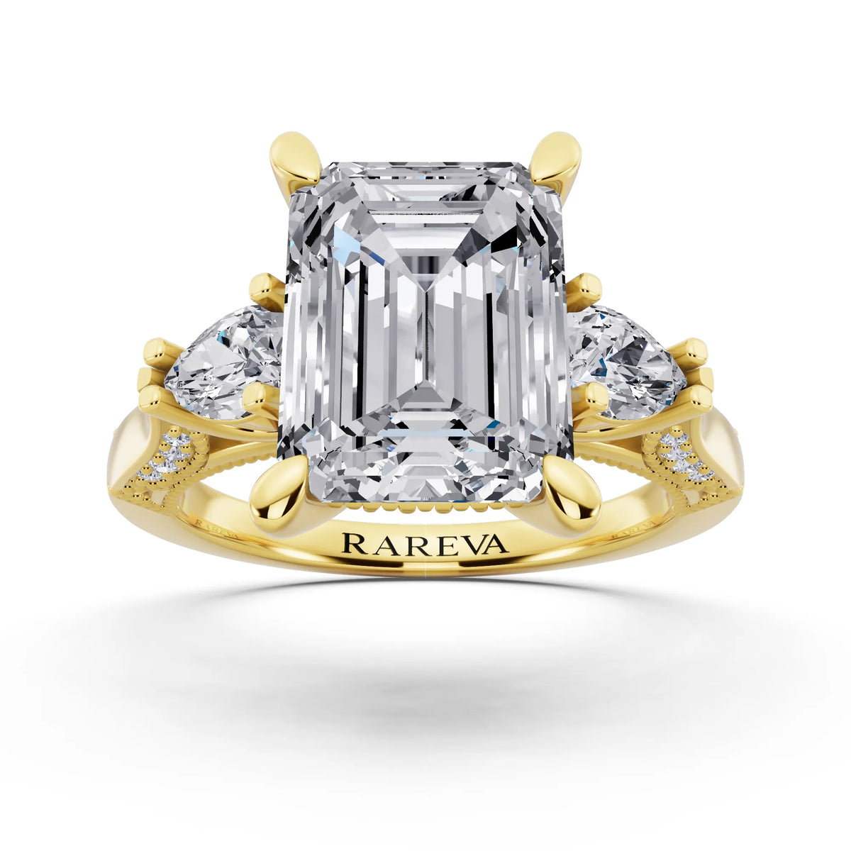 18 KT Yellow Gold Emerald Cut Diamond Three Stone Pear Accent Vintage Pave Ring - front view