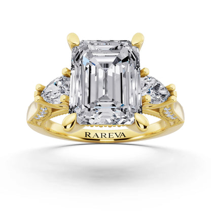 18 KT Yellow Gold Emerald Cut Diamond Three Stone Pear Accent Vintage Pave Ring - front view