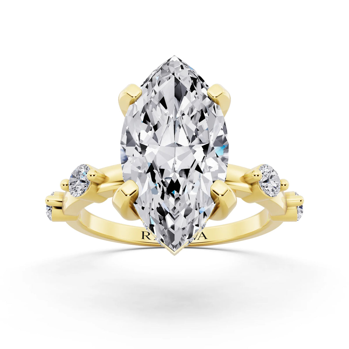 18 KT Yellow Gold Marquise Cut Diamond Solitaire Ring with Floating Diamond Accents - front view