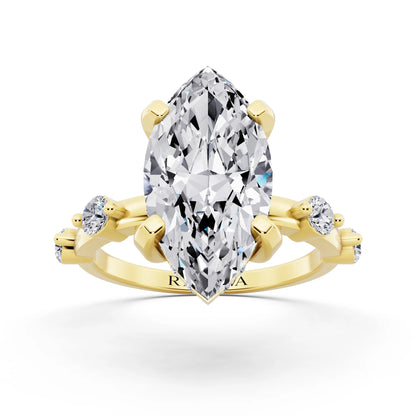 18 KT Yellow Gold Marquise Cut Diamond Solitaire Ring with Floating Diamond Accents - front view