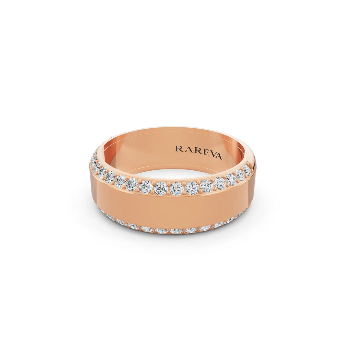 14K Rose Gold Men's Round Cut Diamond Pave Bevel Edge Band - 6.5mm - Close up