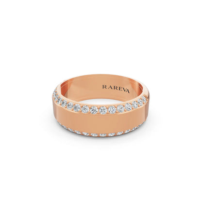 14K Rose Gold Men's Round Cut Diamond Pave Bevel Edge Band - 6.5mm - Close up