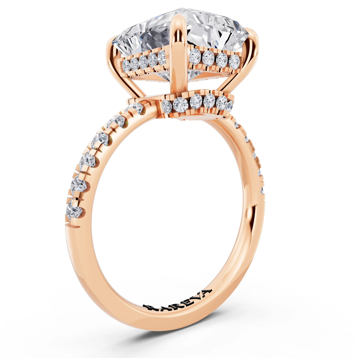 14 KT Rose Gold Radiant Cut Diamond Hidden Halo Tiger Prong Pave Band Ring - top view