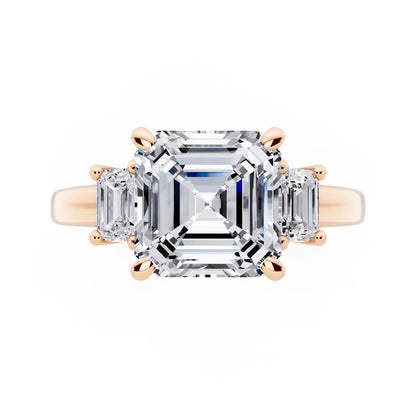 18 KT Rose Gold Asscher Cut Diamond Three Stone Emerald Accent Ring - top angle
