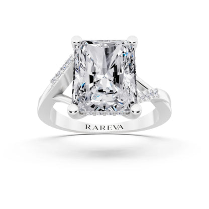 14 KT White Gold Radiant Cut Diamond Split Shank Engagement Ring with Hidden Halo - front view