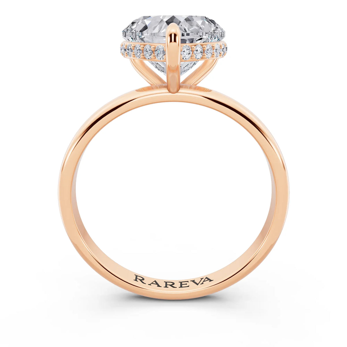 18 KT Rose Gold Heart Cut Diamond Hidden Halo Solitaire Ring - through finger
