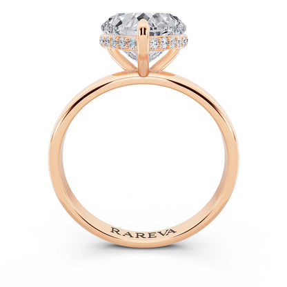 18 KT Rose Gold Heart Cut Diamond Hidden Halo Solitaire Ring - through finger