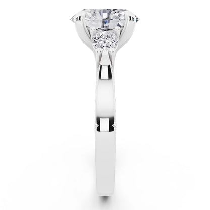 Platinum Oval Cut Diamond Three Stone Pear Accent Vintage Pave Ring - side view
