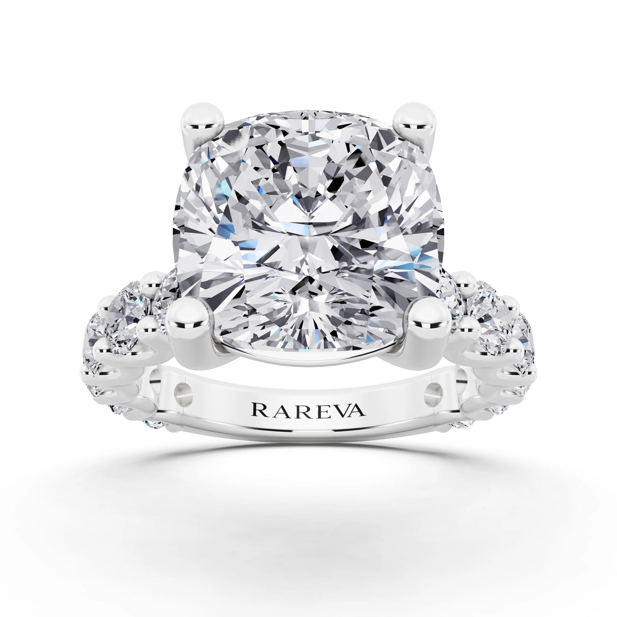 Platinum Cushion Cut Diamond Ring with Shared Prong Eternity Band - front view