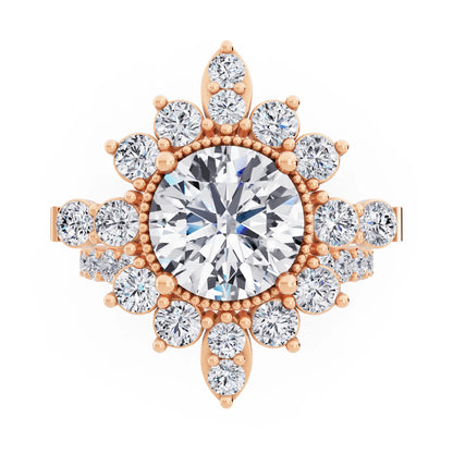 18 KT Rose Gold Round Cut Diamond Starburst Halo Ring - Top down
