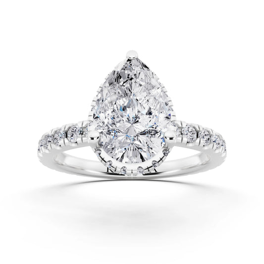 Platinum Pear Cut Diamond Hidden Halo Ring with Pave Band - front view