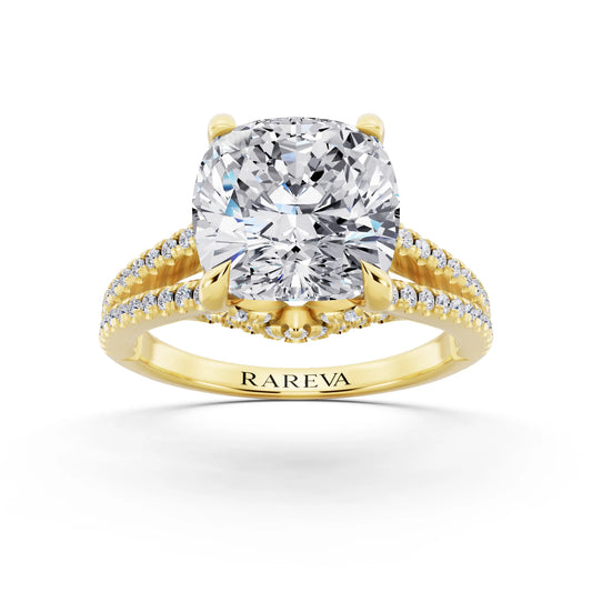 14 KT Yellow Gold Cushion Cut Diamond Ring with Pavé Split Shank - front view