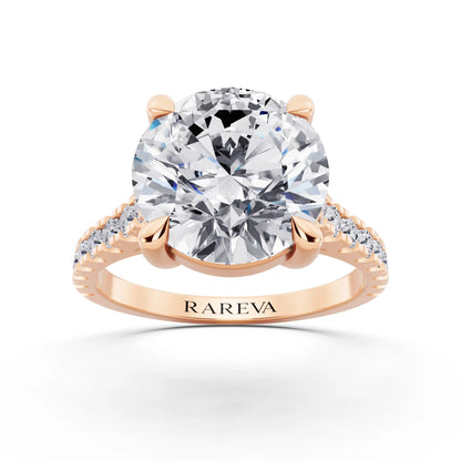 18 KT Rose Gold Round Cut Diamond Solitaire Ring with Pave Band - Front