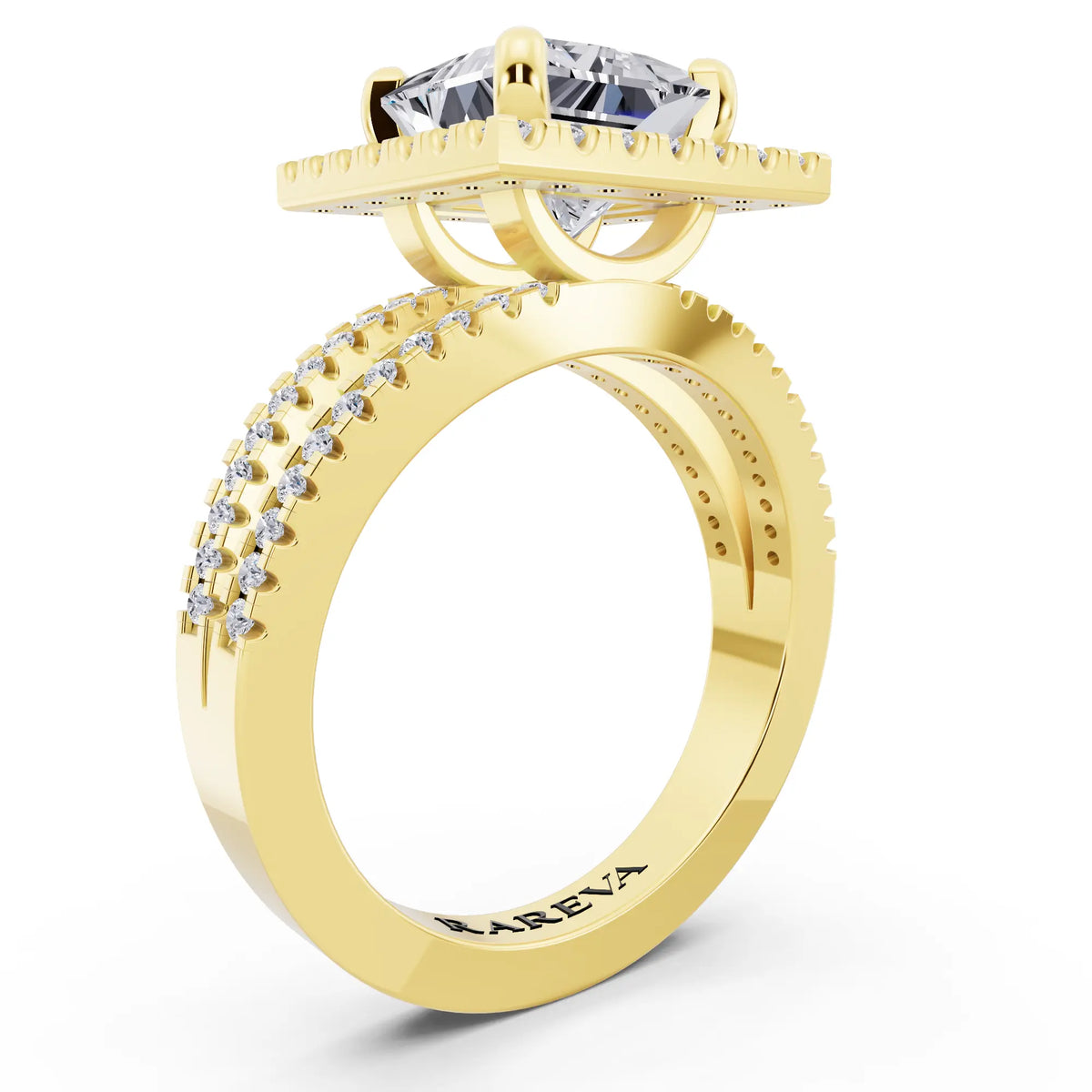18 KT Yellow Gold Princess Cut Diamond Halo Ring with Pave Split Shank - top view