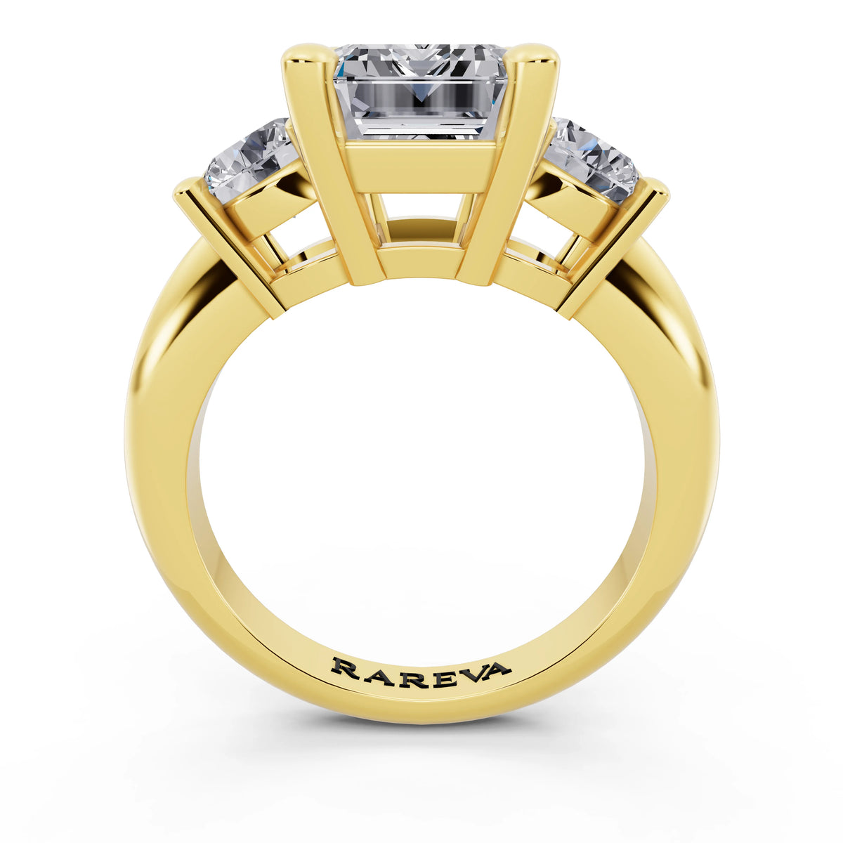 14 KT Yellow Gold Emerald Cut Diamond Three Stone Ring with Round Accents - through finger