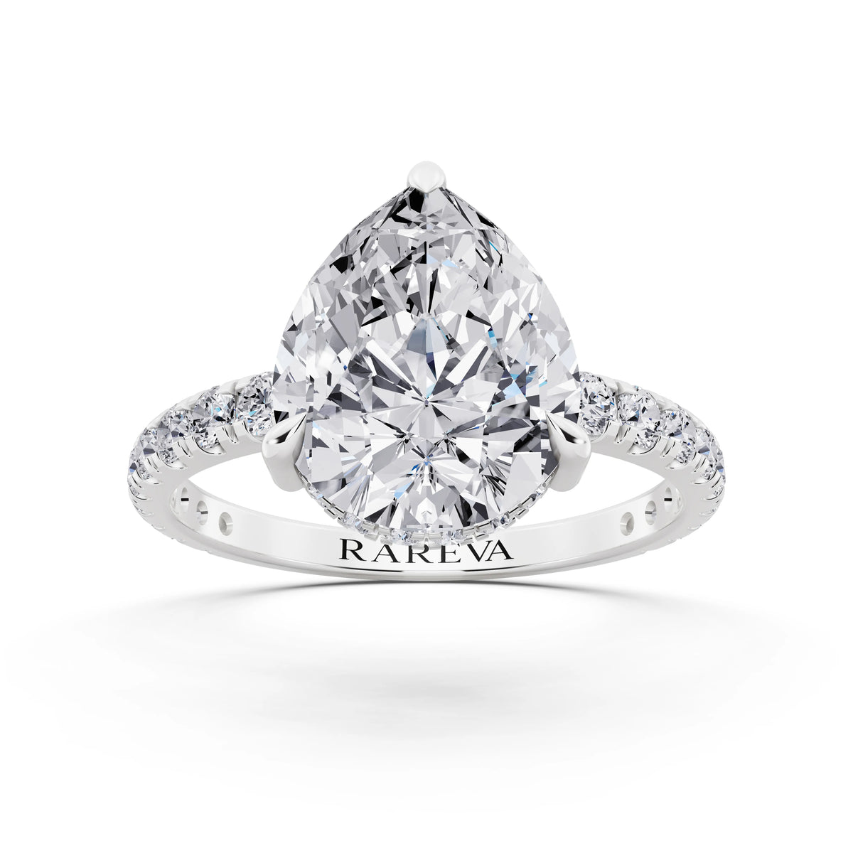 Platinum Pear Cut Diamond Solitaire Ring with Hidden Halo and French Pave Band - front view