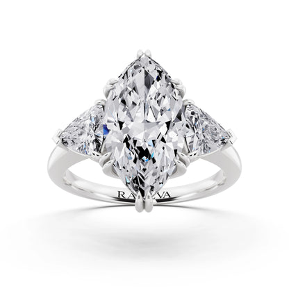 Platinum Marquise Cut Diamond Three Stone Ring with Trillion Accents - front view