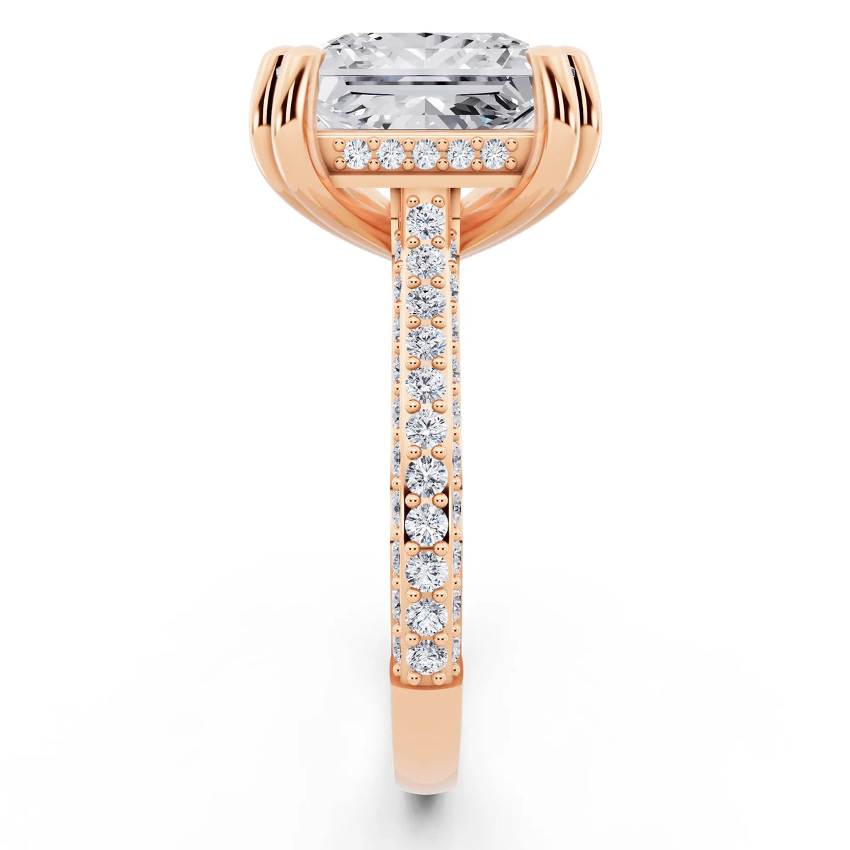 18 KT Rose Gold Princess Cut Diamond Hidden Halo Double Claw Pave Band Ring - side view