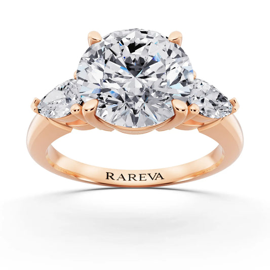 18 KT Rose Gold Round Cut Diamond Three Stone Pear Accent Ring - front view