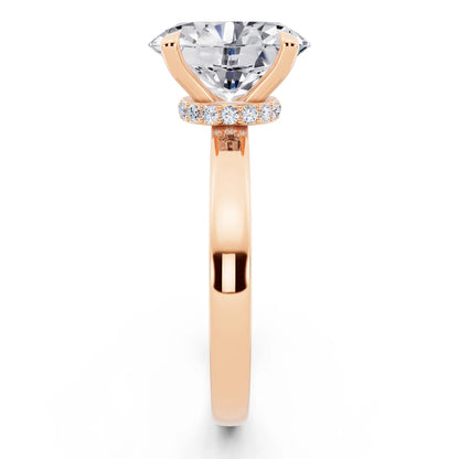 18 KT Rose Gold Oval Cut Diamond Solitaire Ring with Pave Collar - side view