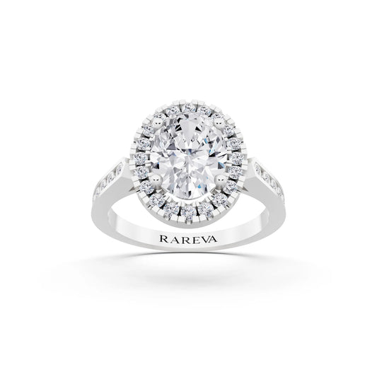 Platinum Oval Cut Diamond Halo Ring with Bezel Accent Band - front view
