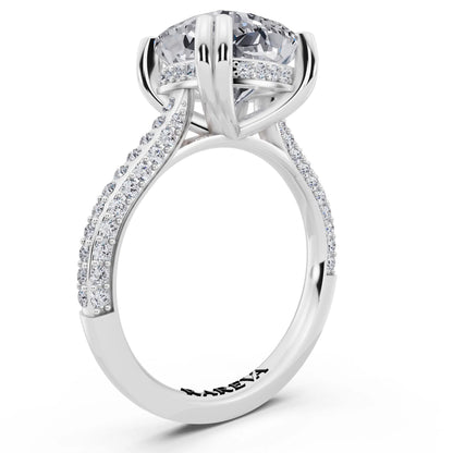 18 KT White Gold Cushion Cut Diamond Hidden Halo Double Claw Pave Band Ring - top view
