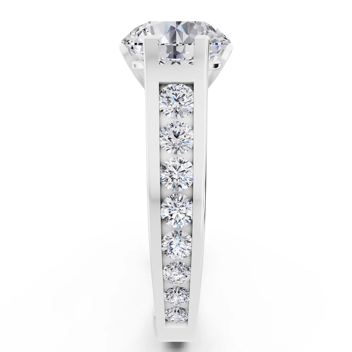 14 KT White Gold Round Cut Diamond Solitaire Ring with Graduated Channel Band - Side view