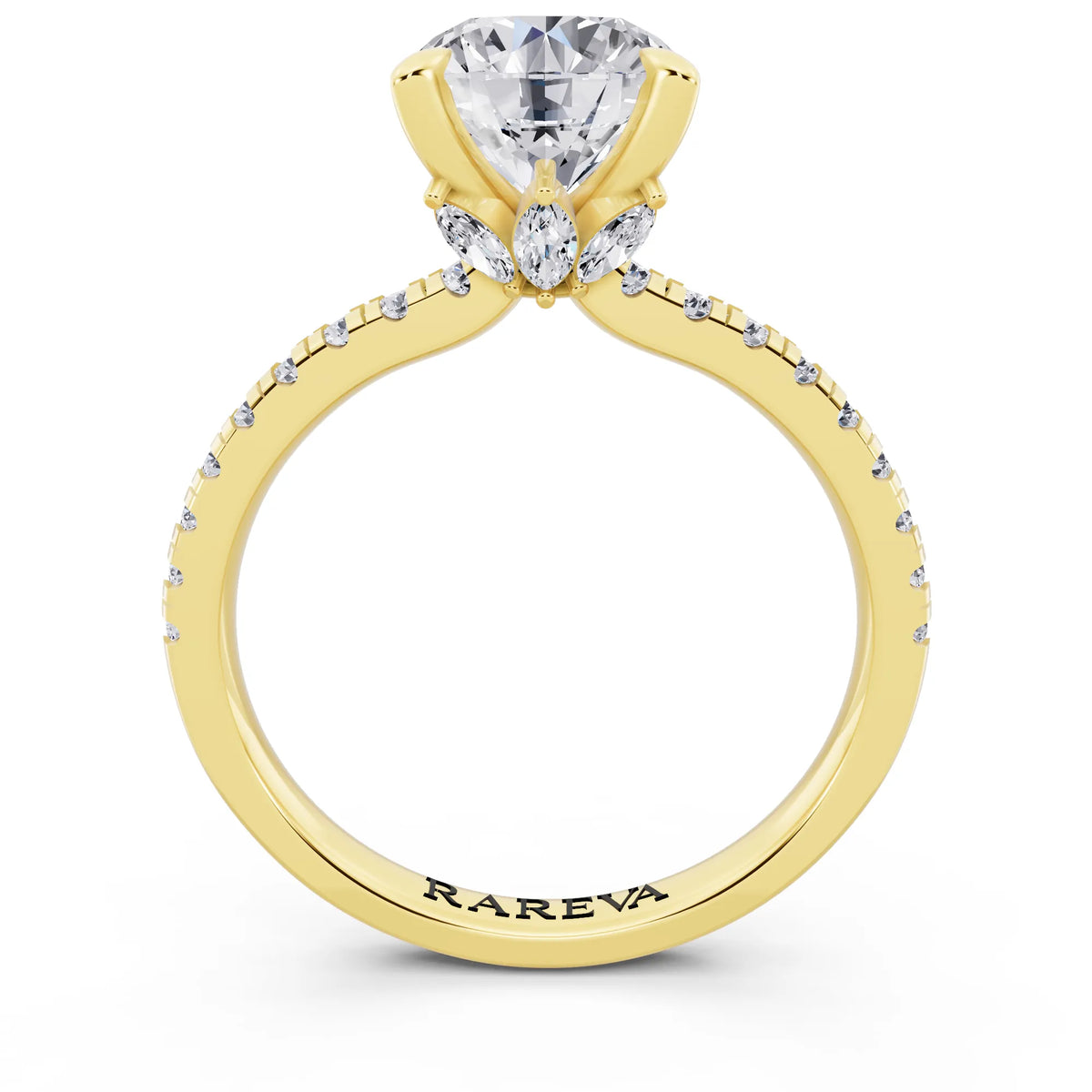 18 KT Yellow Gold Round Cut Diamond Solitaire Ring with Marquise Collar - through finger