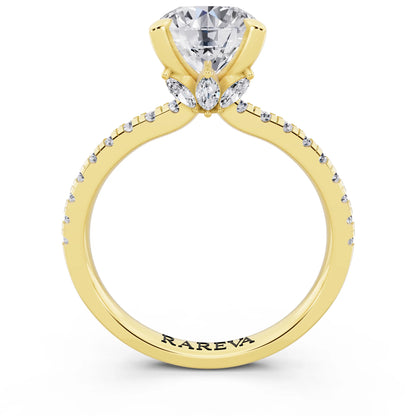 18 KT Yellow Gold Round Cut Diamond Solitaire Ring with Marquise Collar - through finger