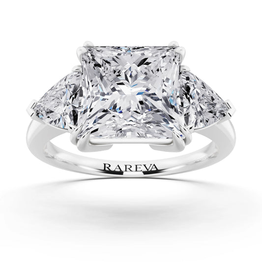 Platinum Princess Cut Diamond Three Stone Ring with Trillion Accents - front view