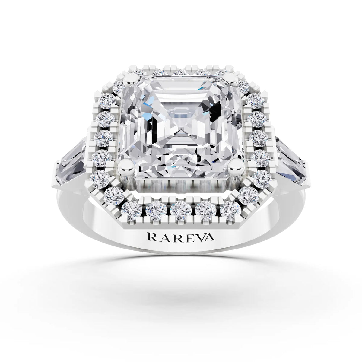 18 KT White Gold Asscher Cut Diamond Halo Ring with Baguette Accents - front view