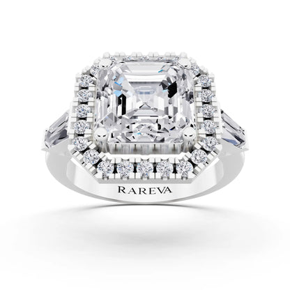 18 KT White Gold Asscher Cut Diamond Halo Ring with Baguette Accents - front view
