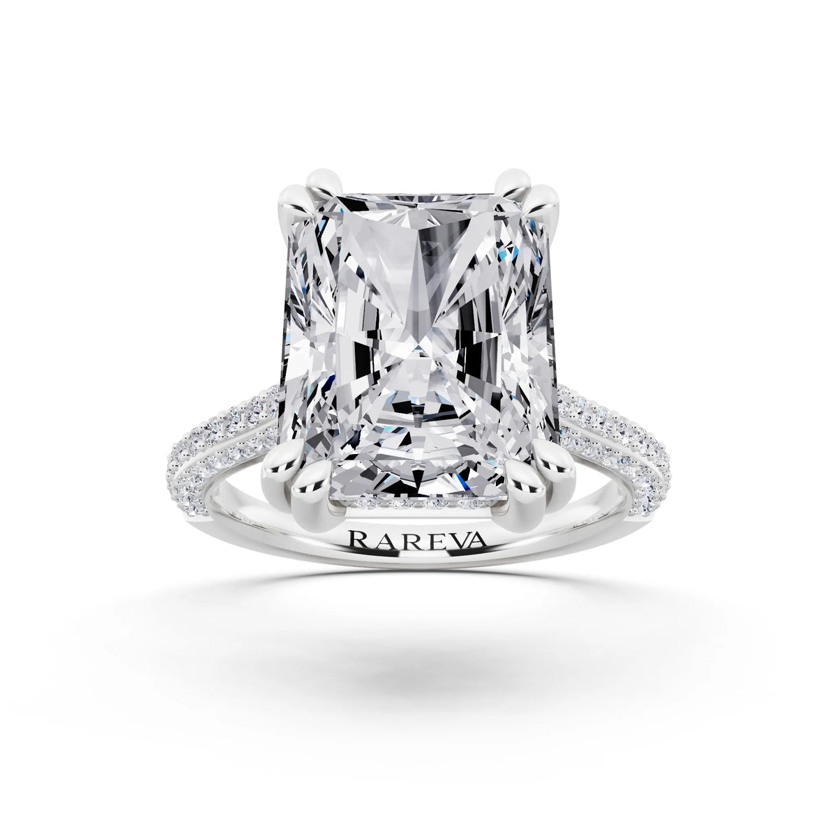 14 KT White Gold Radiant Cut Diamond Hidden Halo Double Claw Pave Band Ring - front view