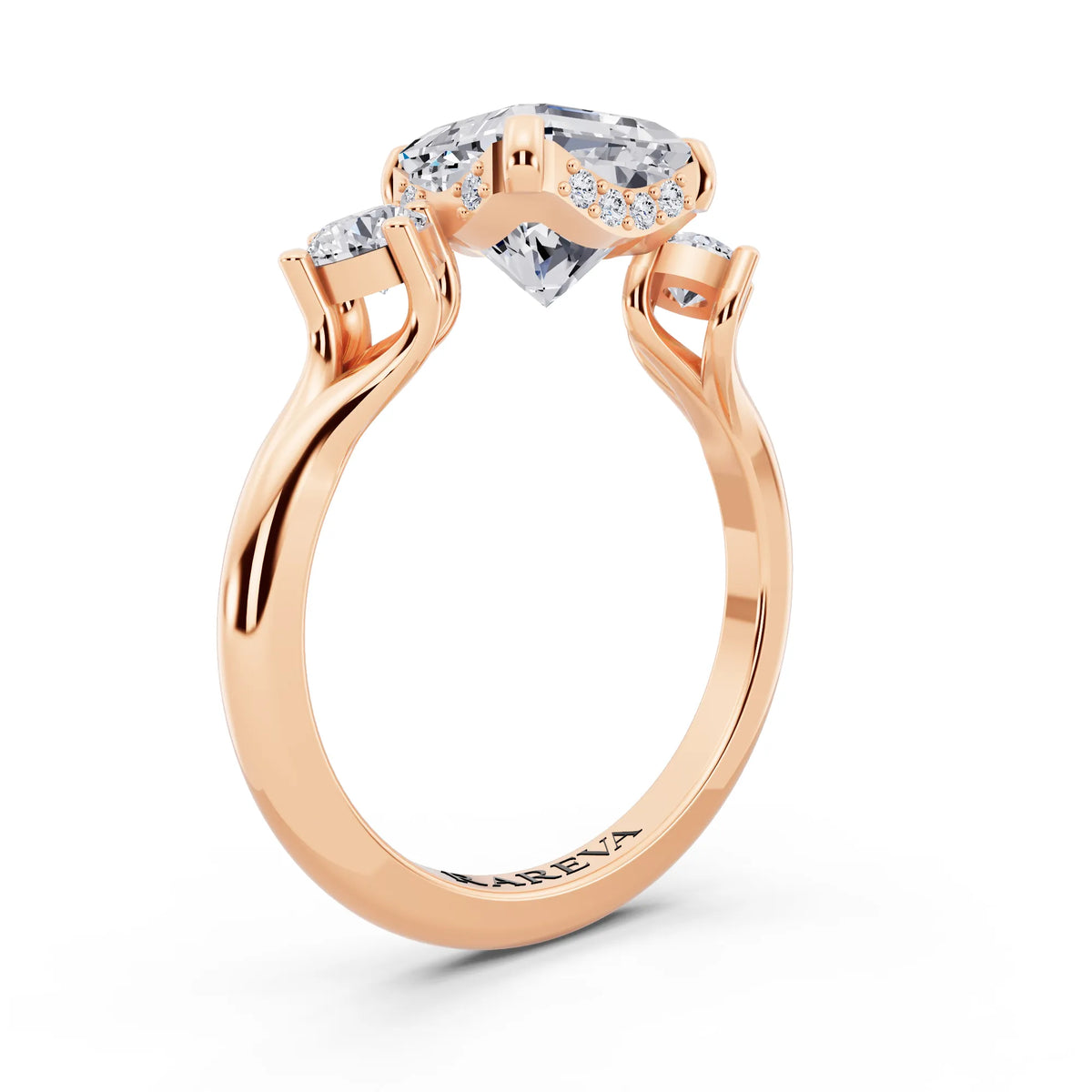 14 KT Rose Gold Asscher Cut Diamond Three Stone Engagement Ring with Hidden Halo - top view