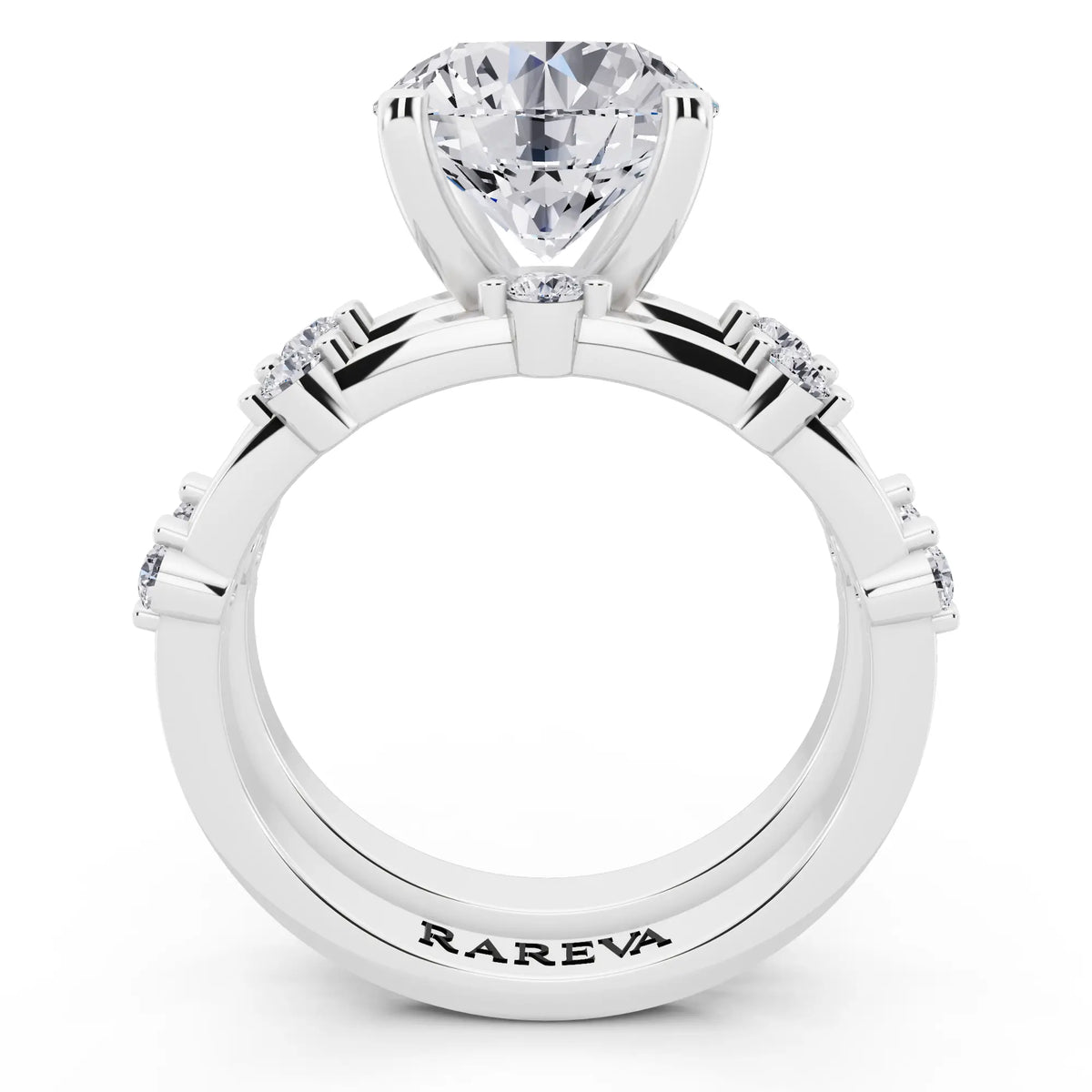 Platinum Round Cut Diamond Ring with Floating Accent Band - through finger
