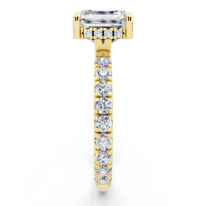 14 KT Yellow Gold Asscher Cut Diamond Solitaire Ring with Hidden Halo and French Pave Band - side view