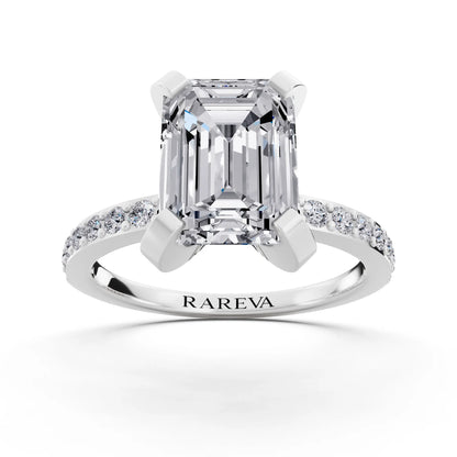14 KT White Gold Emerald Cut Diamond Solitaire Ring with Pave Shank - front view