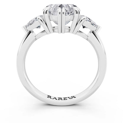 18 KT White Gold Heart Cut Diamond Three Stone Ring with Trillion Accents - through finger