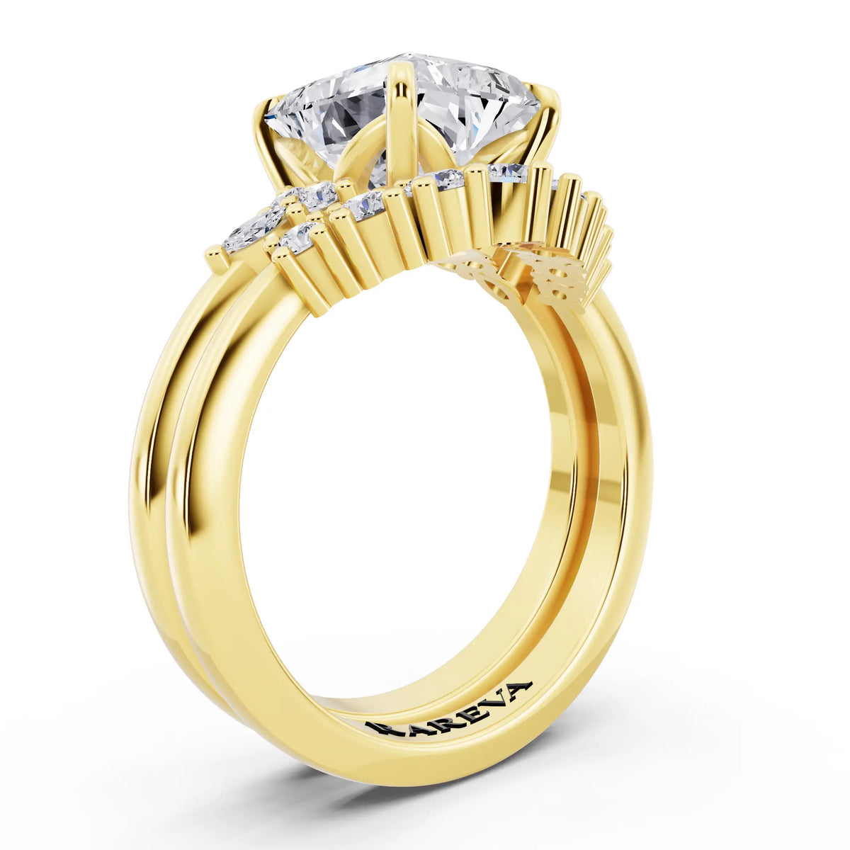 18 KT Yellow Gold Radiant Cut Diamond Ring with Curved Cluster Band - top view