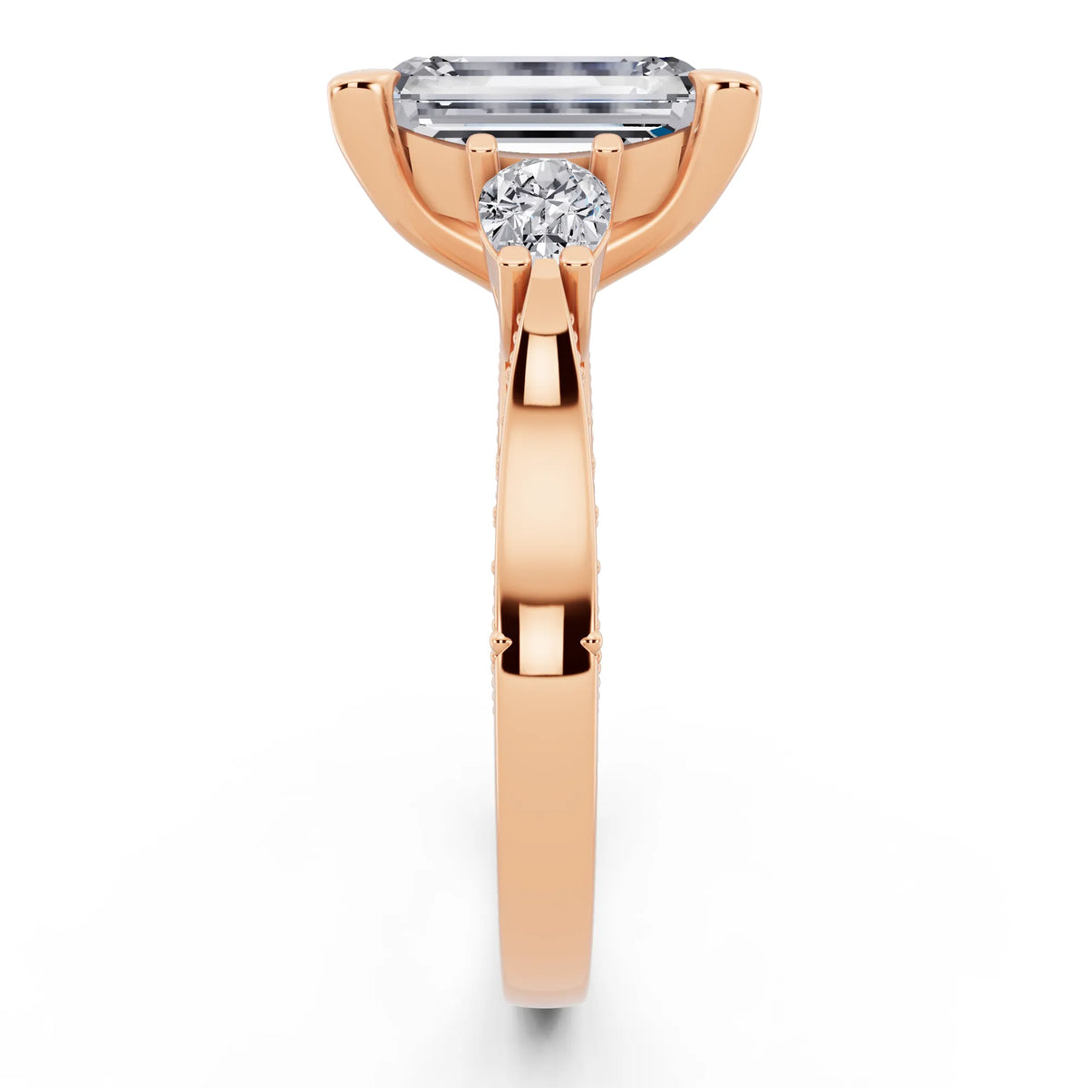 18 KT Rose Gold Emerald Cut Diamond Three Stone Pear Accent Vintage Pave Ring - side view