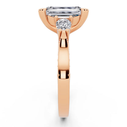 18 KT Rose Gold Emerald Cut Diamond Three Stone Pear Accent Vintage Pave Ring - side view
