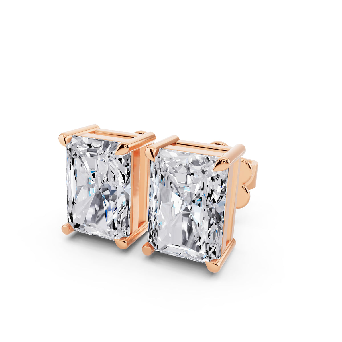 Radiant cut tiger-prong diamond stud earrings in rose gold, close-up