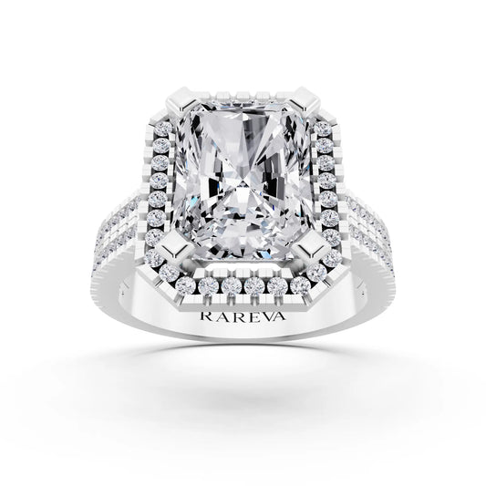 18 KT White Gold Radiant Cut Diamond Halo Ring with Twin Pave Band - front view