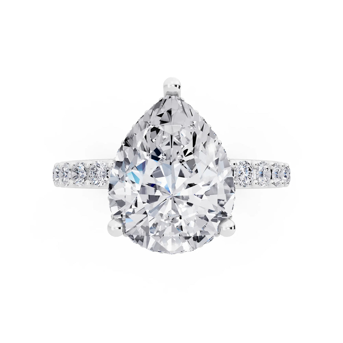 Platinum Pear Cut Diamond Solitaire Ring with Hidden Halo and Pave Band - top angle